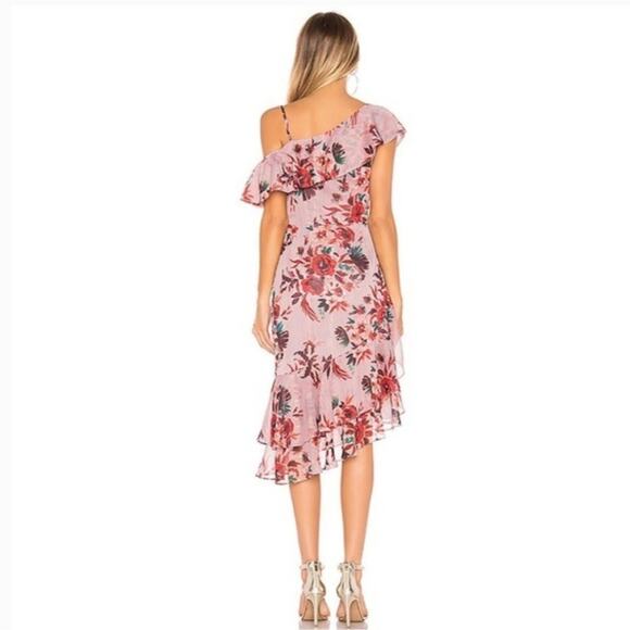 Lovers + Friends Stacey Ruffle Midi Dress Pink Red Floral Asymmetric Small NWT - Picture 3 of 15
